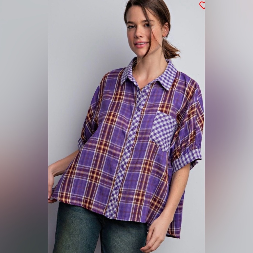 Easel Purple Plaid Blouse